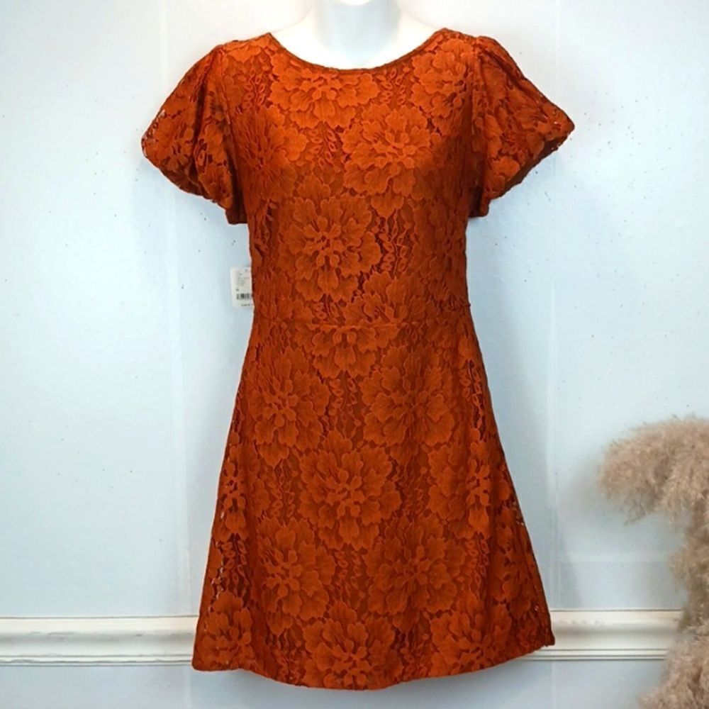 Free People Hailee copper lace short puff sleeve mini dress (M) - Picture 3 of 13